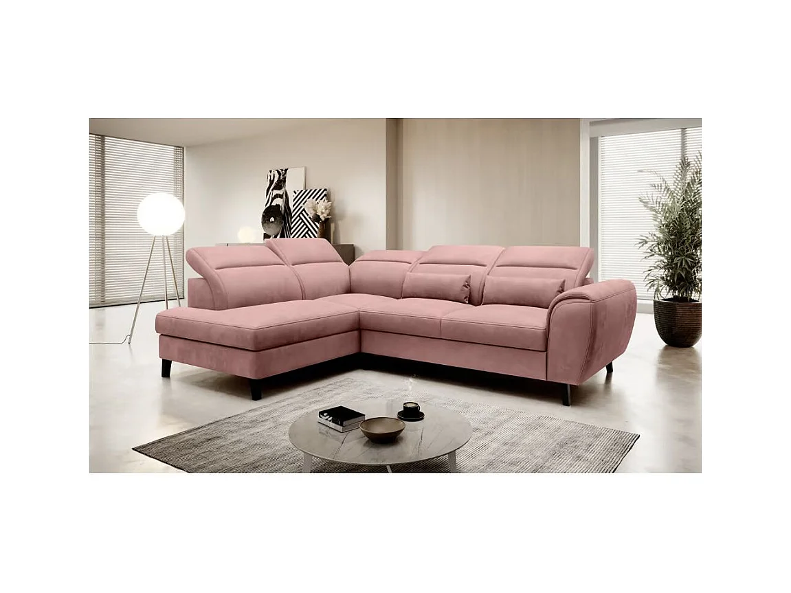 Canapé d'angle convertible avec rangement velours NOBLESSE - Pieds bois noir-Rose-angle gauche