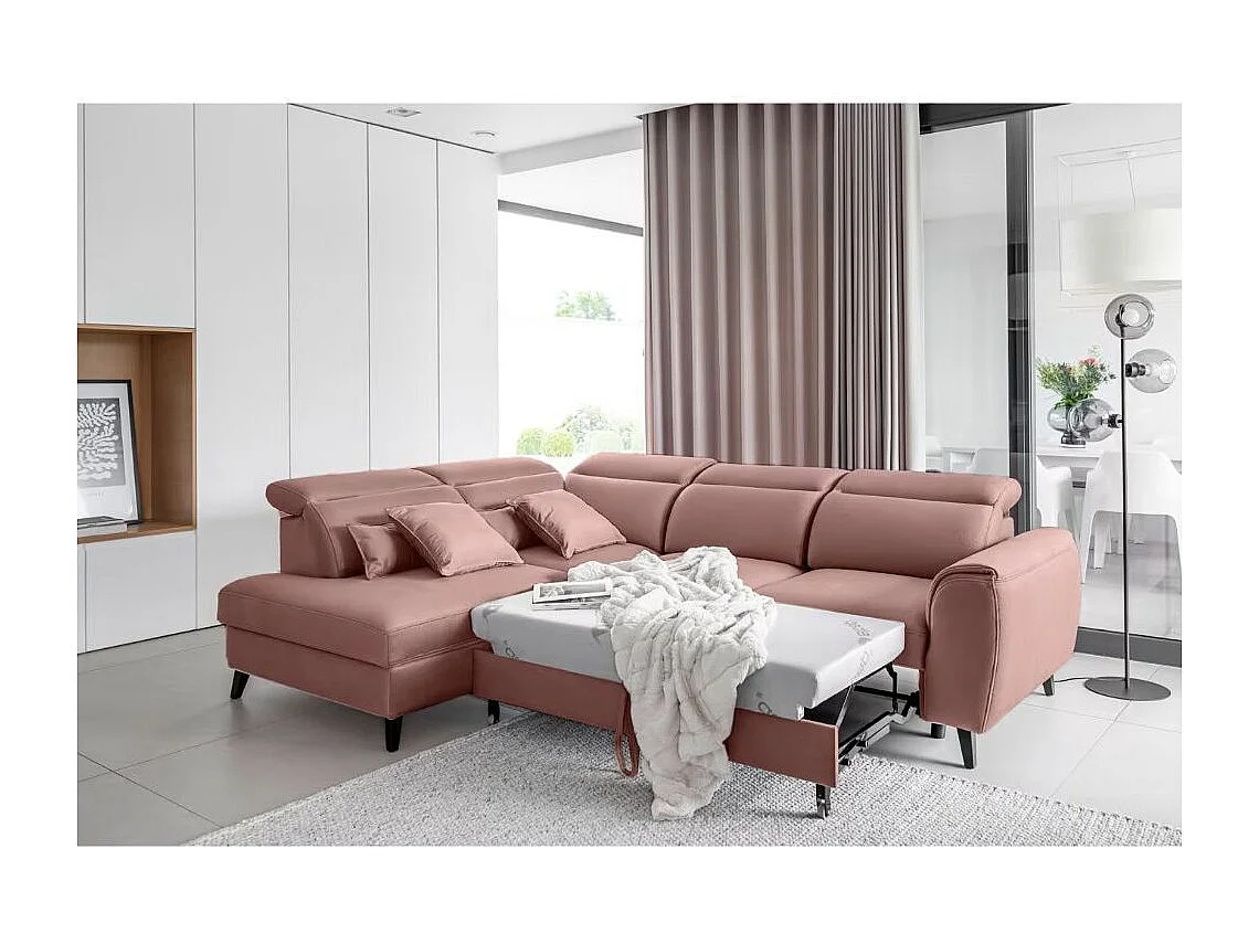 Canapé d'angle convertible avec rangement velours NOBLESSE - Pieds bois noir-Rose-angle gauche