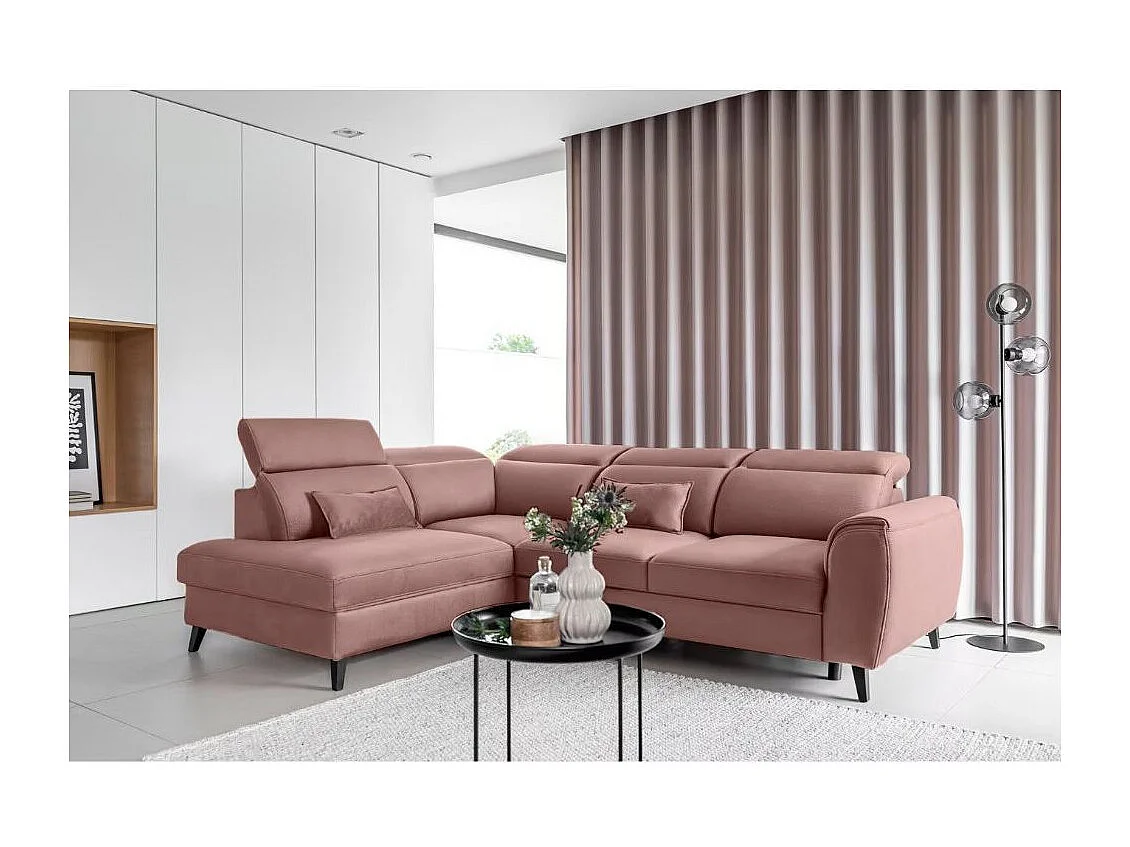 Canapé d'angle convertible avec rangement velours NOBLESSE - Pieds bois noir-Rose-angle gauche