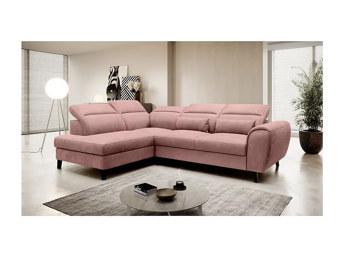 Canapé d'angle convertible avec rangement velours NOBLESSE - Pieds bois noir-Rose-angle gauche