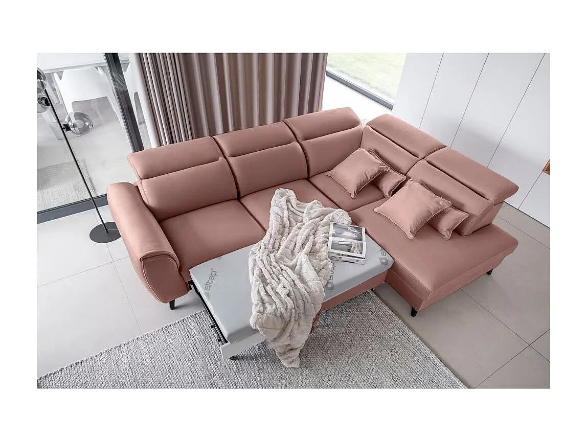 Canapé d'angle convertible avec rangement velours NOBLESSE - Pieds bois noir-Rose-angle gauche