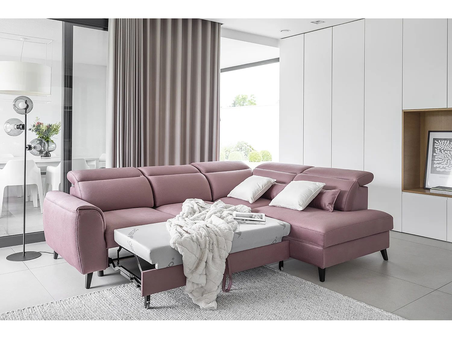 Canapé d'angle convertible avec rangement velours NOBLESSE - Pieds bois noir-Rose-angle gauche