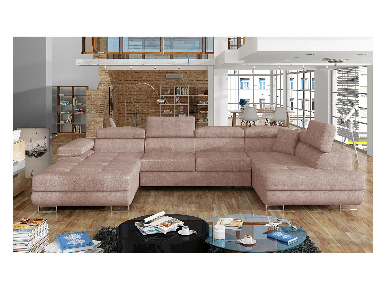 Canapé panoramique convertible ROMANO tissu - Rangement et appuie-têtes réglables-Rose clair-Coffre à droite