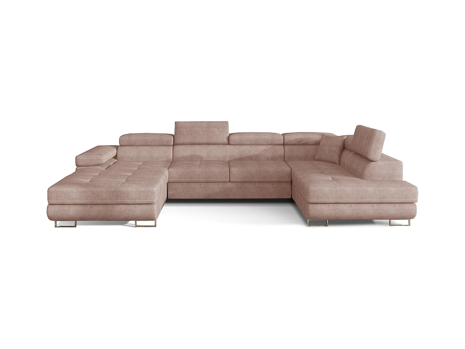 Canapé panoramique convertible ROMANO tissu - Rangement et appuie-têtes réglables-Rose clair-Coffre à droite