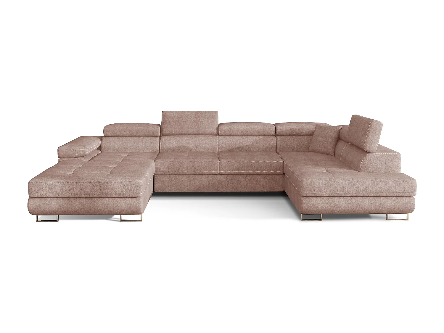 Canapé panoramique convertible ROMANO tissu - Rangement et appuie-têtes réglables-Rose clair-Coffre à droite