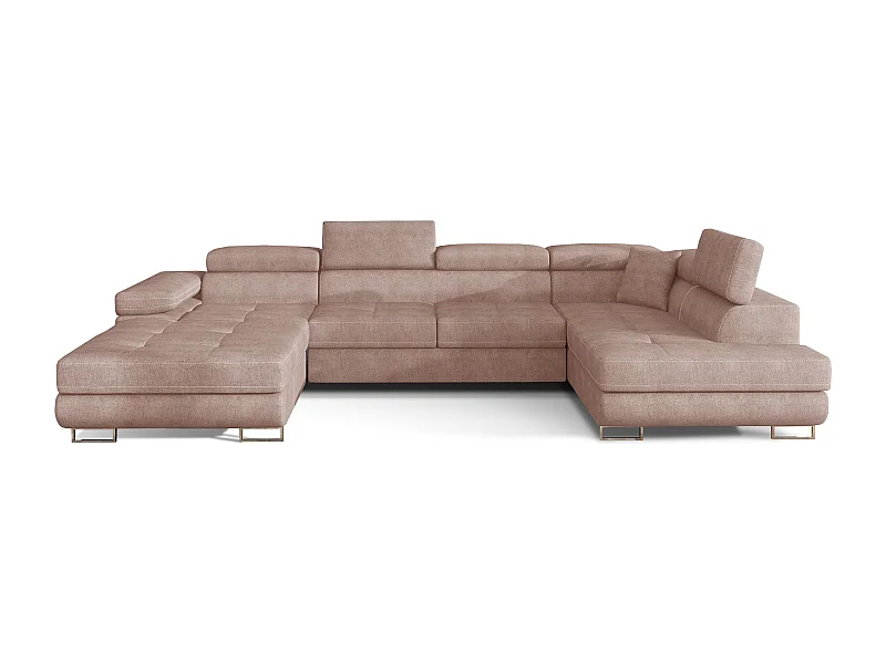 Canapé panoramique convertible ROMANO tissu - Rangement et appuie-têtes réglables-Rose clair-Coffre à droite
