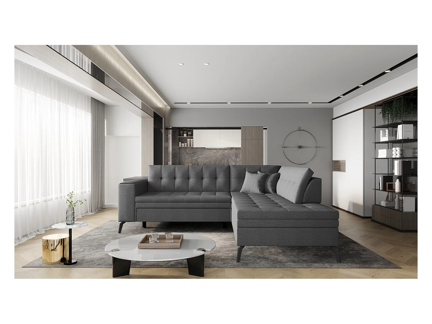 Canapé d'angle convertible tissu LARRY - Pieds acier noir-Gris foncé-angle droit