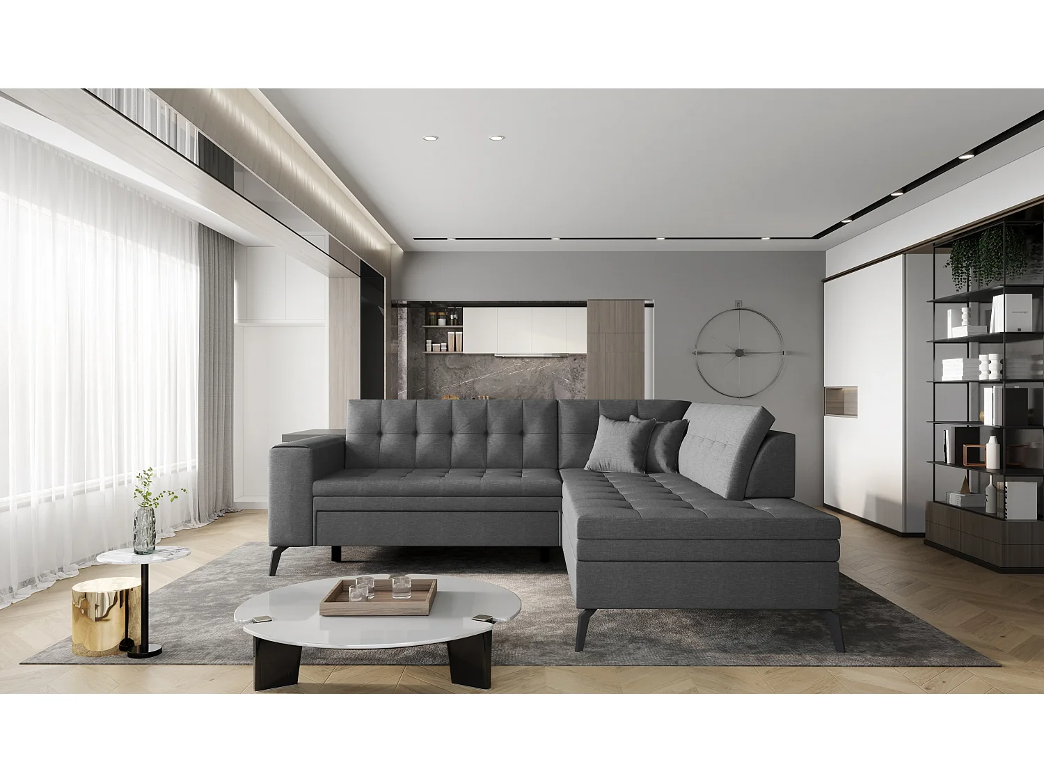 Canapé d'angle convertible tissu LARRY - Pieds acier noir-Gris foncé-angle droit