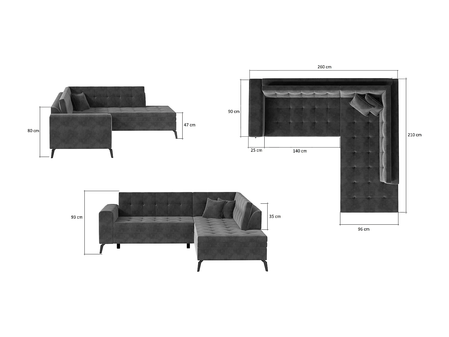 Canapé d'angle convertible tissu LARRY - Pieds acier noir-Gris foncé-angle droit