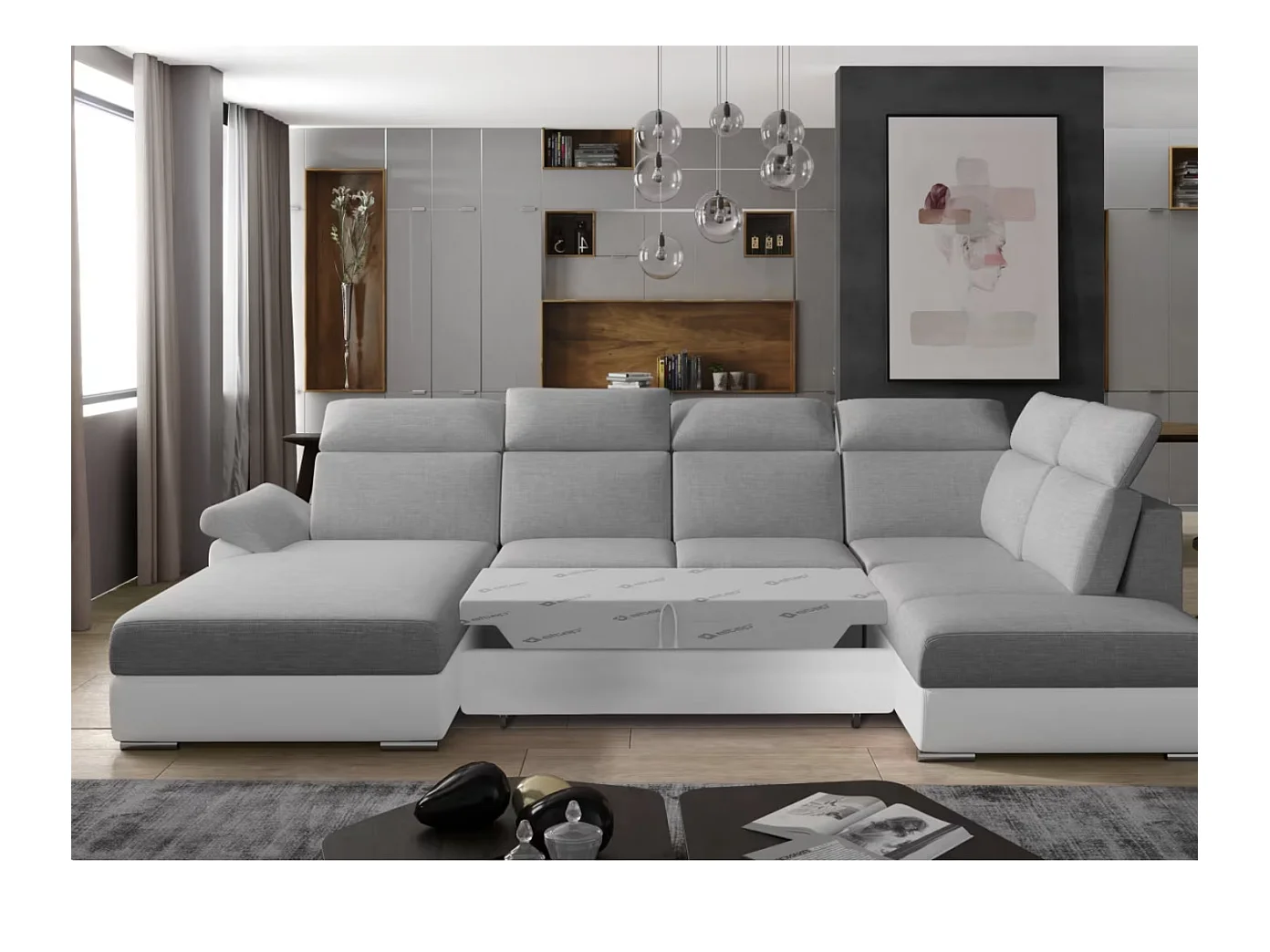 Canapé Convertible Panoramique LEVANO Tissu et Simili Cuir, Têtières-Blanc/Gris clair-Coffre à gauche