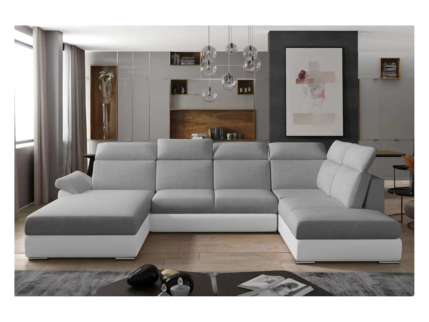 Canapé Convertible Panoramique LEVANO Tissu et Simili Cuir, Têtières-Blanc/Gris clair-Coffre à gauche