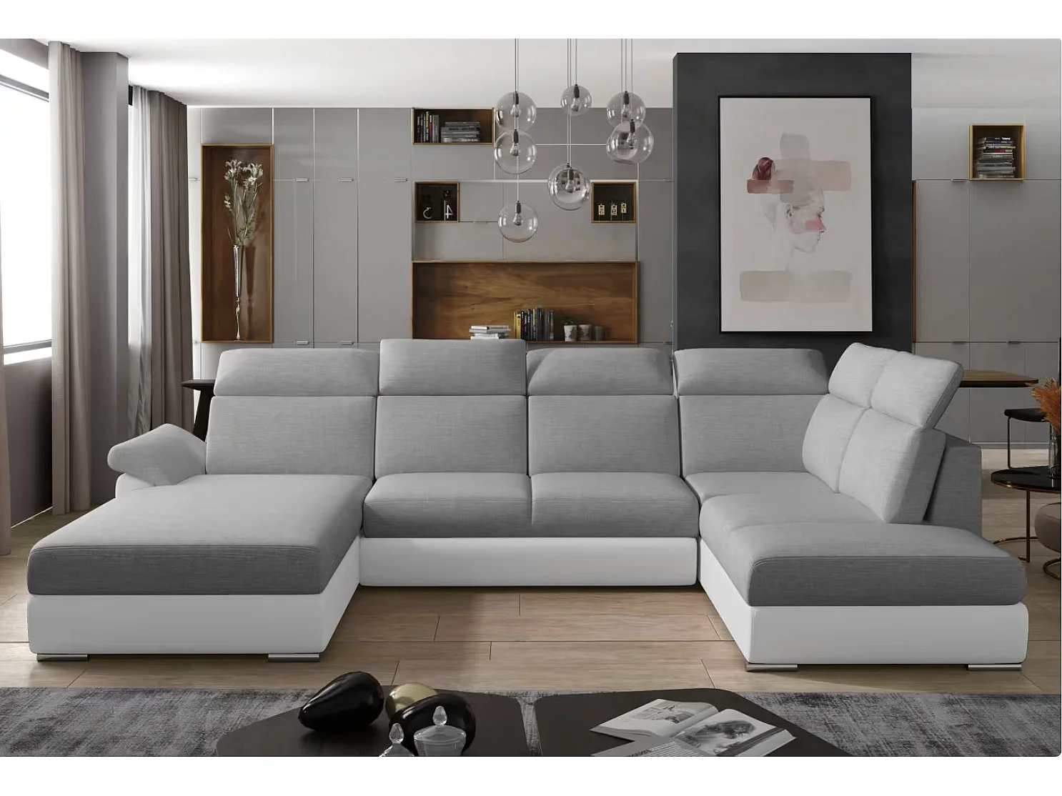 Canapé Convertible Panoramique LEVANO Tissu et Simili Cuir, Têtières-Blanc/Gris clair-Coffre à gauche