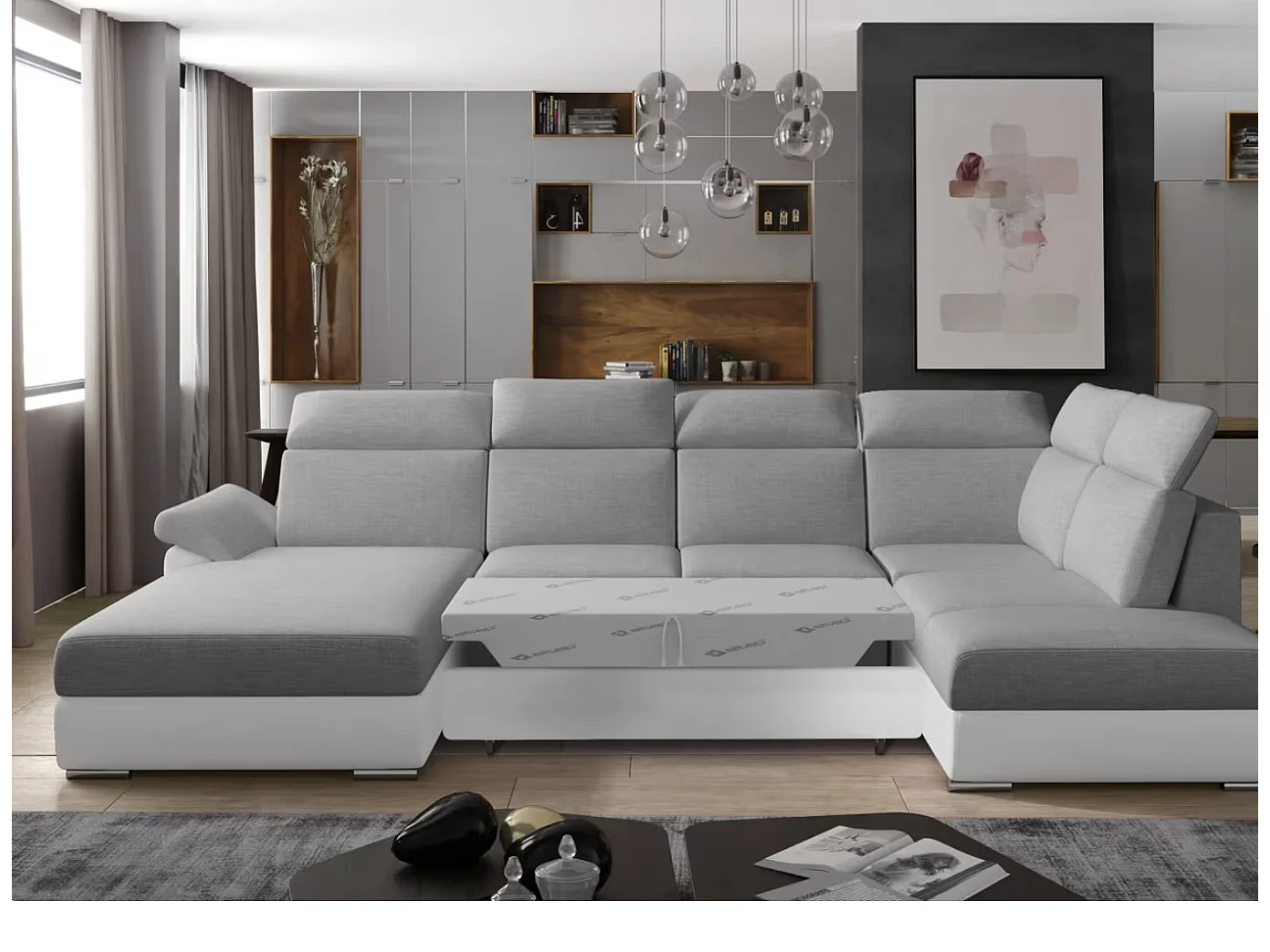 Canapé Convertible Panoramique LEVANO Tissu et Simili Cuir, Têtières-Blanc/Gris clair-Coffre à gauche