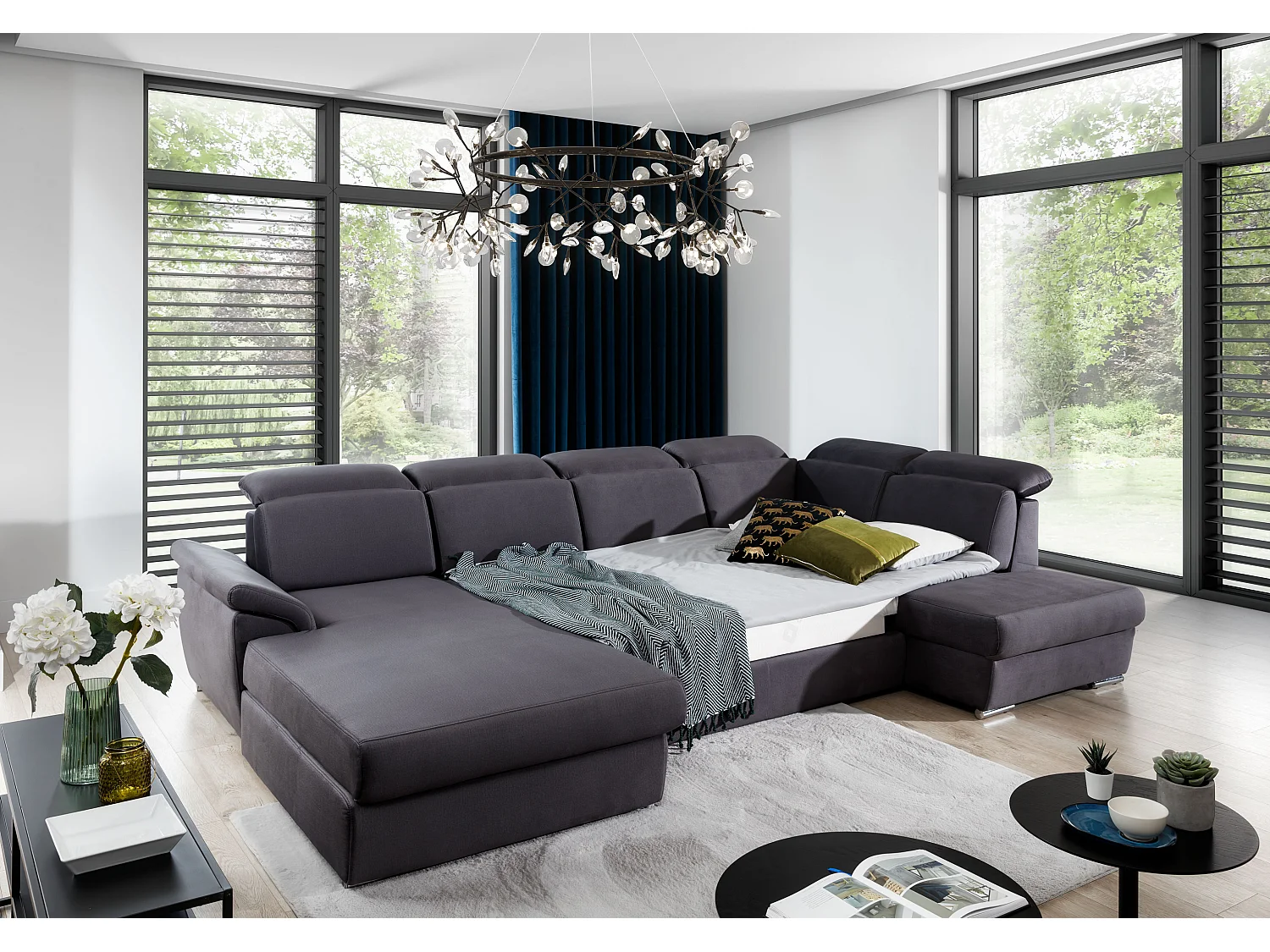 Canapé Convertible Panoramique LEVANO Tissu et Simili Cuir, Têtières-Blanc/Gris clair-Coffre à gauche