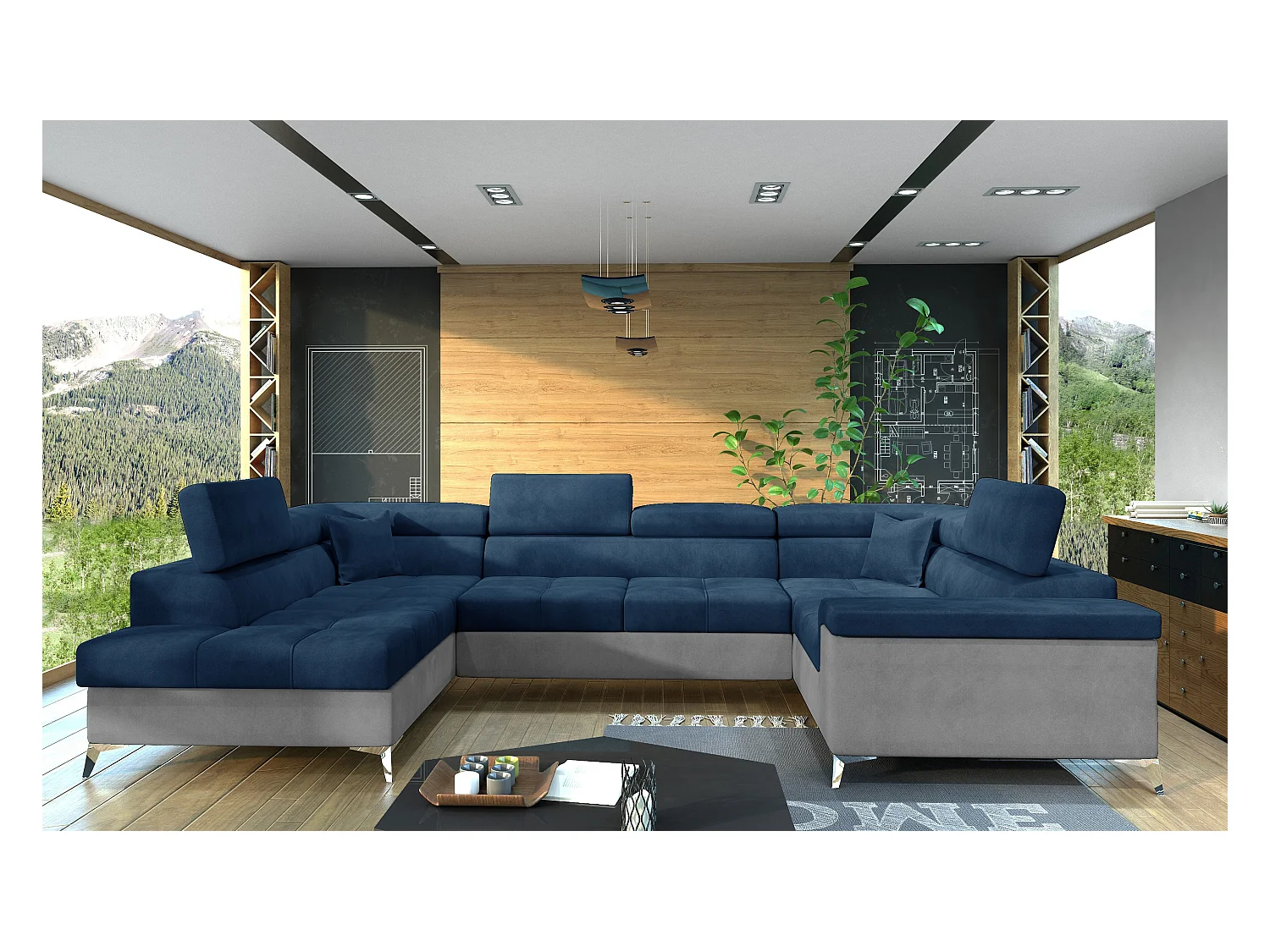 Canapé panoramique convertible TRIANO velours - têtières réglables-Gris clair/Bleu-Coffre à gauche