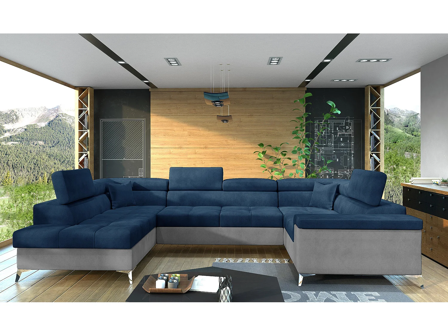 Sofá panorámico convertible TRIANO en terciopelo, con almacenaje y reposacabezas ajustables-Gris claro/Azul-Caja Lado izquierdo