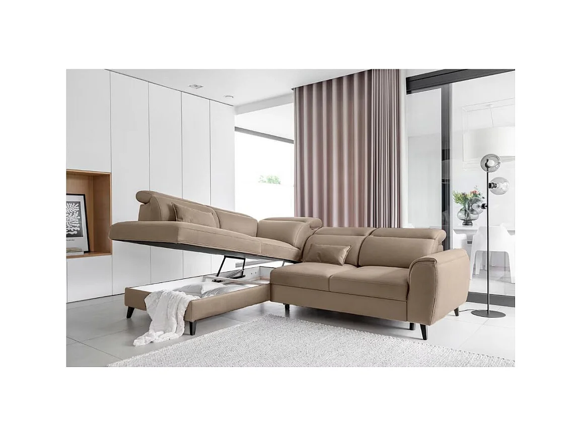 Canapé d'angle convertible avec rangement velours NOBLESSE - Pieds bois noir-Marron-angle gauche