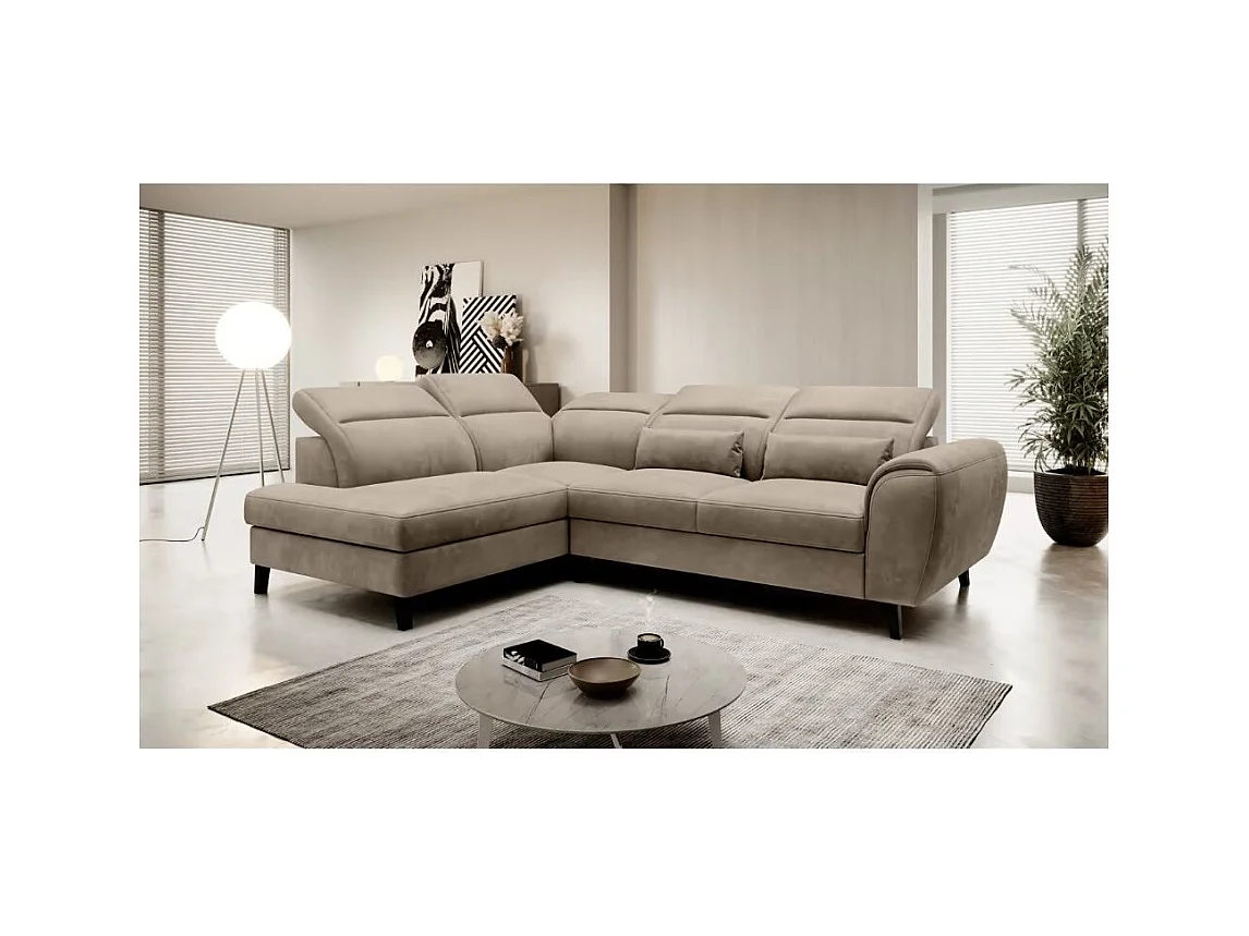 Canapé d'angle convertible avec rangement velours NOBLESSE - Pieds bois noir-Marron-angle gauche