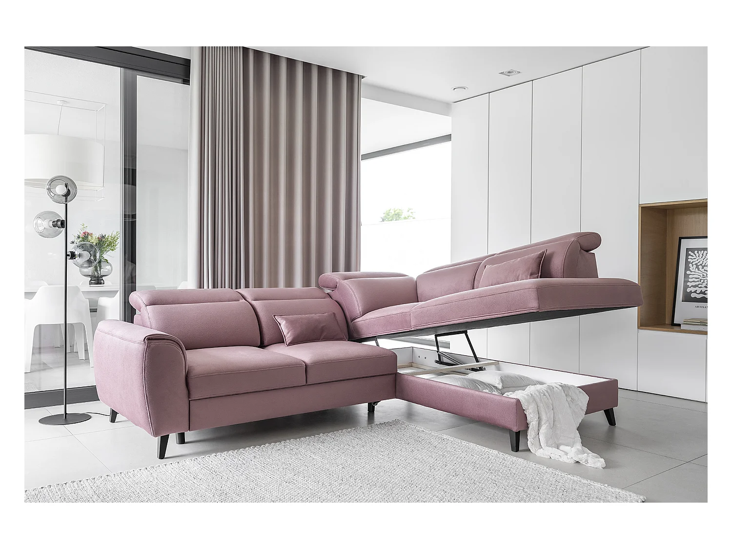 Canapé d'angle convertible avec rangement velours NOBLESSE - Pieds bois noir-Marron-angle gauche