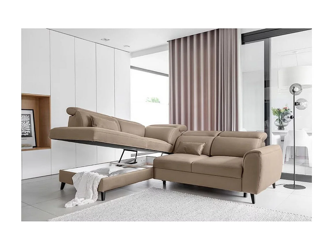 Canapé d'angle convertible avec rangement velours NOBLESSE - Pieds bois noir-Marron-angle gauche