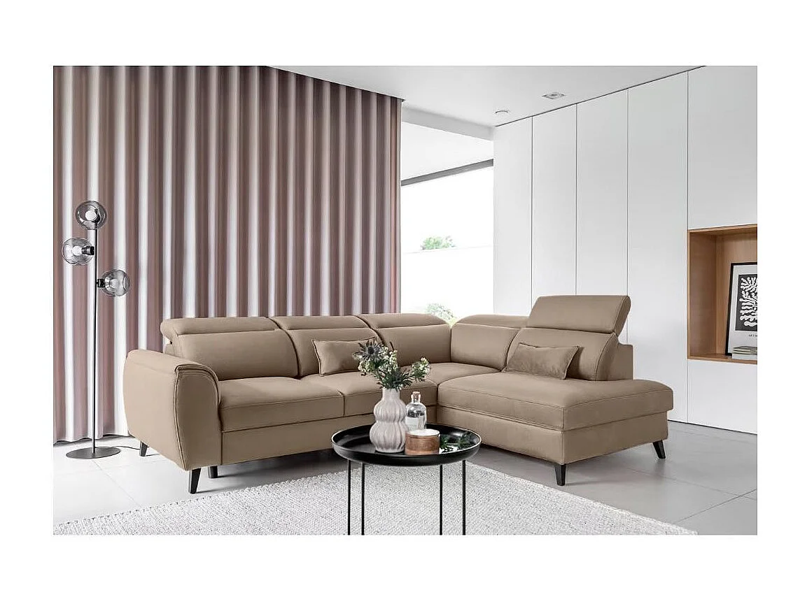 Canapé d'angle convertible avec rangement velours NOBLESSE - Pieds bois noir-Marron-angle gauche