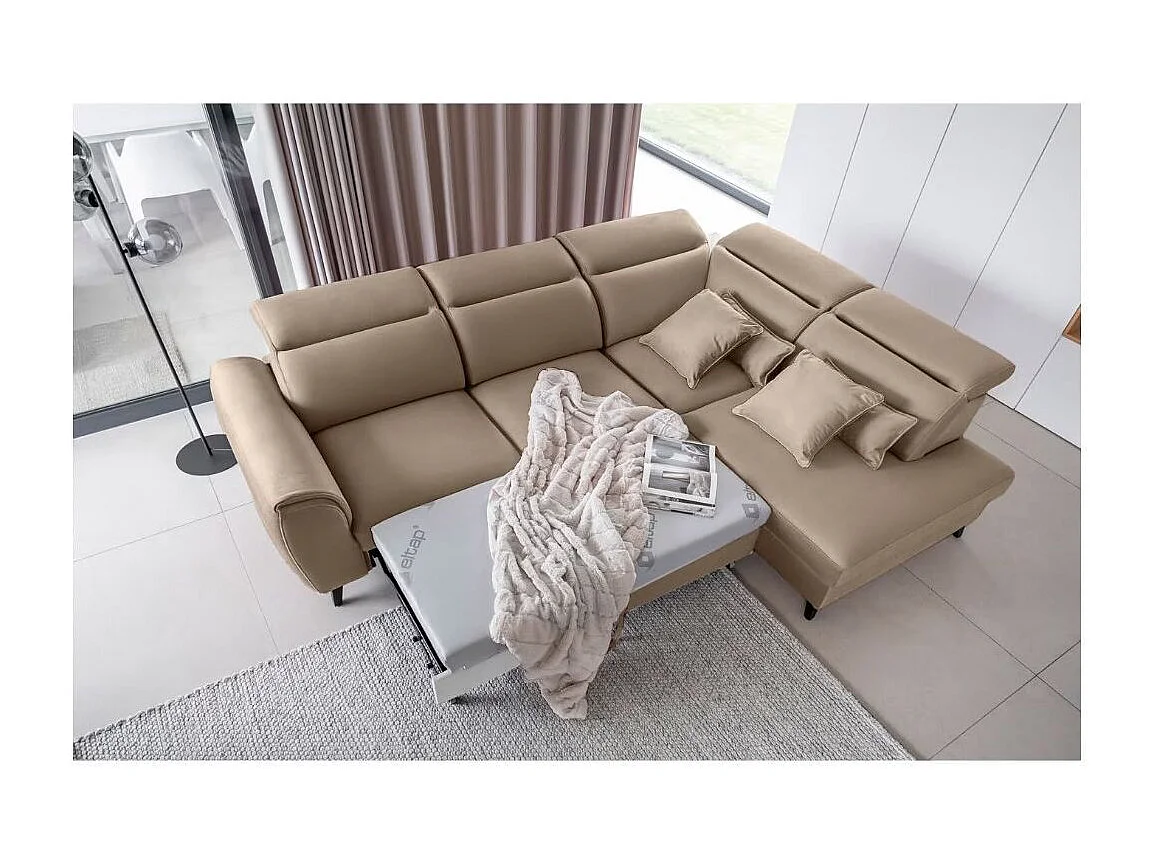 Canapé d'angle convertible avec rangement velours NOBLESSE - Pieds bois noir-Marron-angle droit