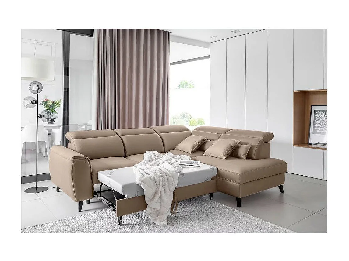 Canapé d'angle convertible avec rangement velours NOBLESSE - Pieds bois noir-Marron-angle droit