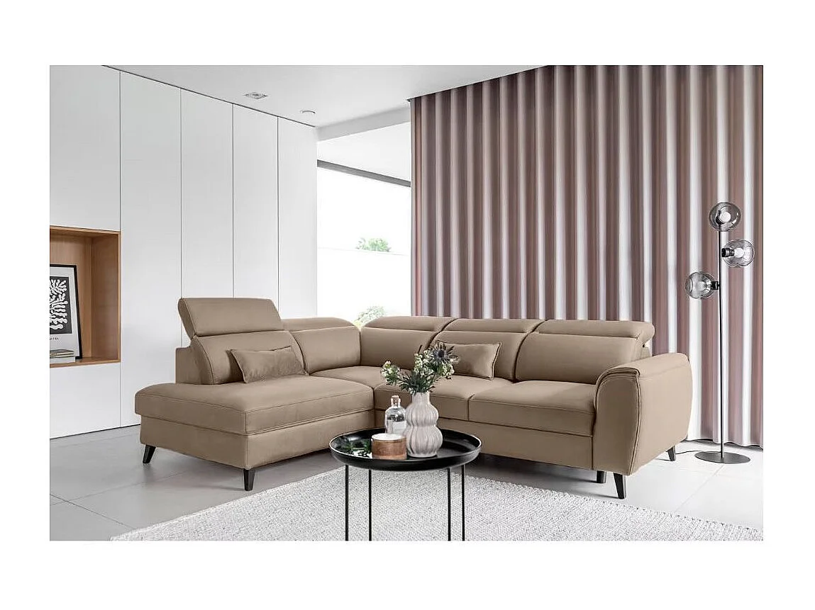 Canapé d'angle convertible avec rangement velours NOBLESSE - Pieds bois noir-Marron-angle droit