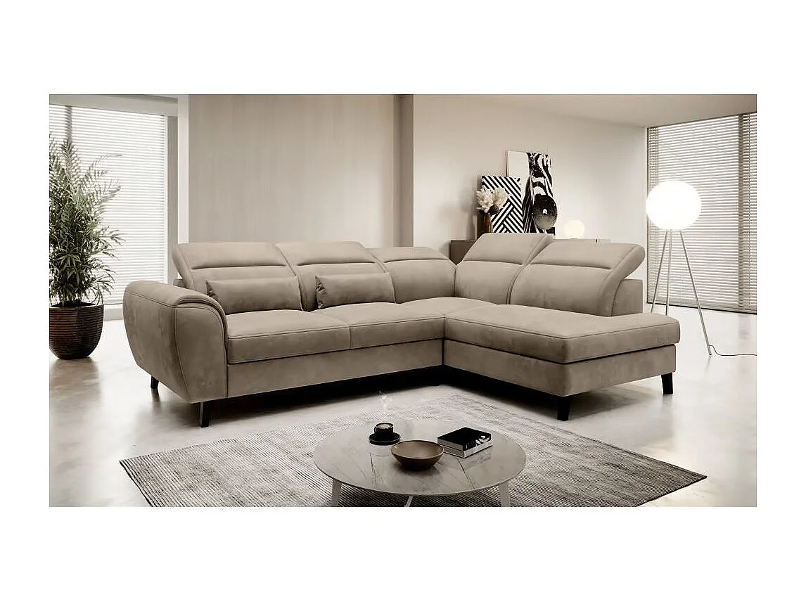 Canapé d'angle convertible avec rangement velours NOBLESSE - Pieds bois noir-Marron-angle droit