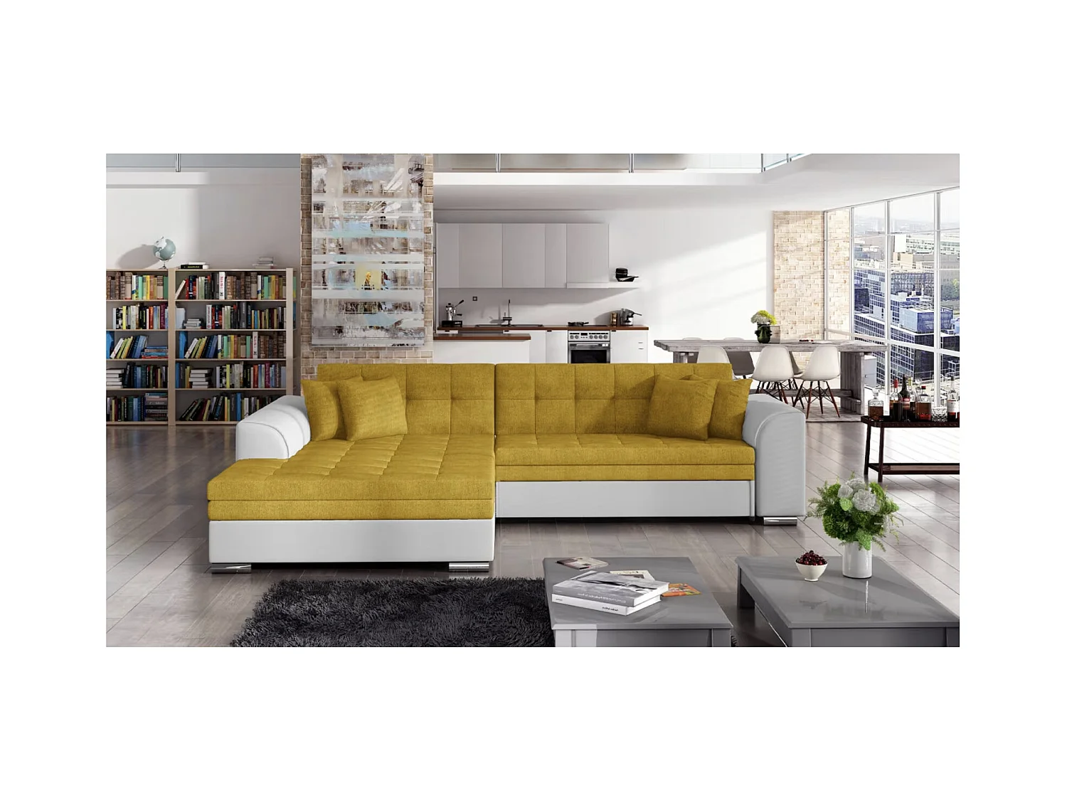 Canapé d'angle convertible tissu et simili LOOKA - Pieds métal chromé-Blanc/Jaune-angle gauche