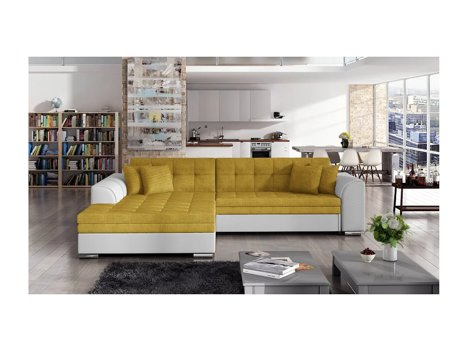 Canapé d'angle convertible tissu et simili LOOKA - Pieds métal chromé-Blanc/Jaune-angle gauche