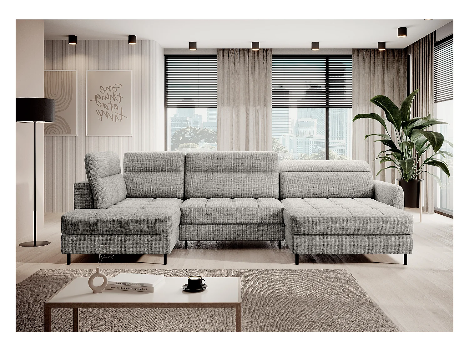 BENTO converteerbare panoramische stoffen bank met opbergvak-Kleur Lichtgrijs-juiste hoek