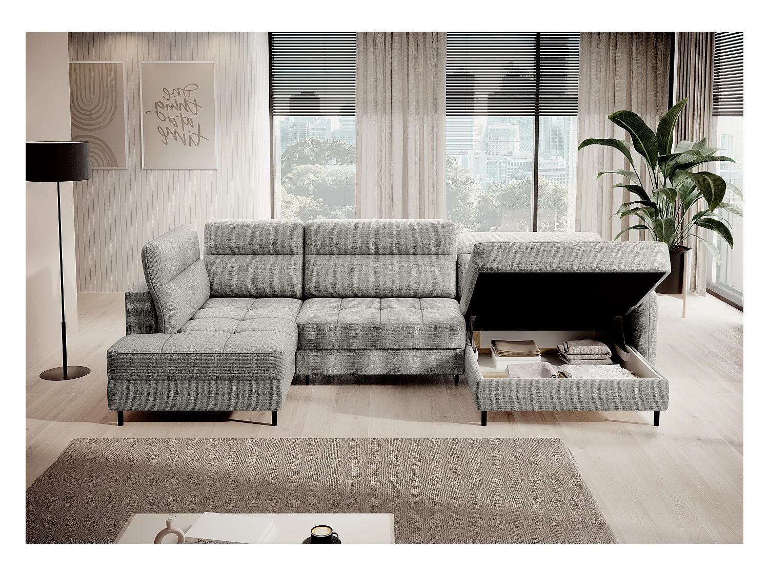 BENTO converteerbare panoramische stoffen bank met opbergvak-Kleur Lichtgrijs-juiste hoek