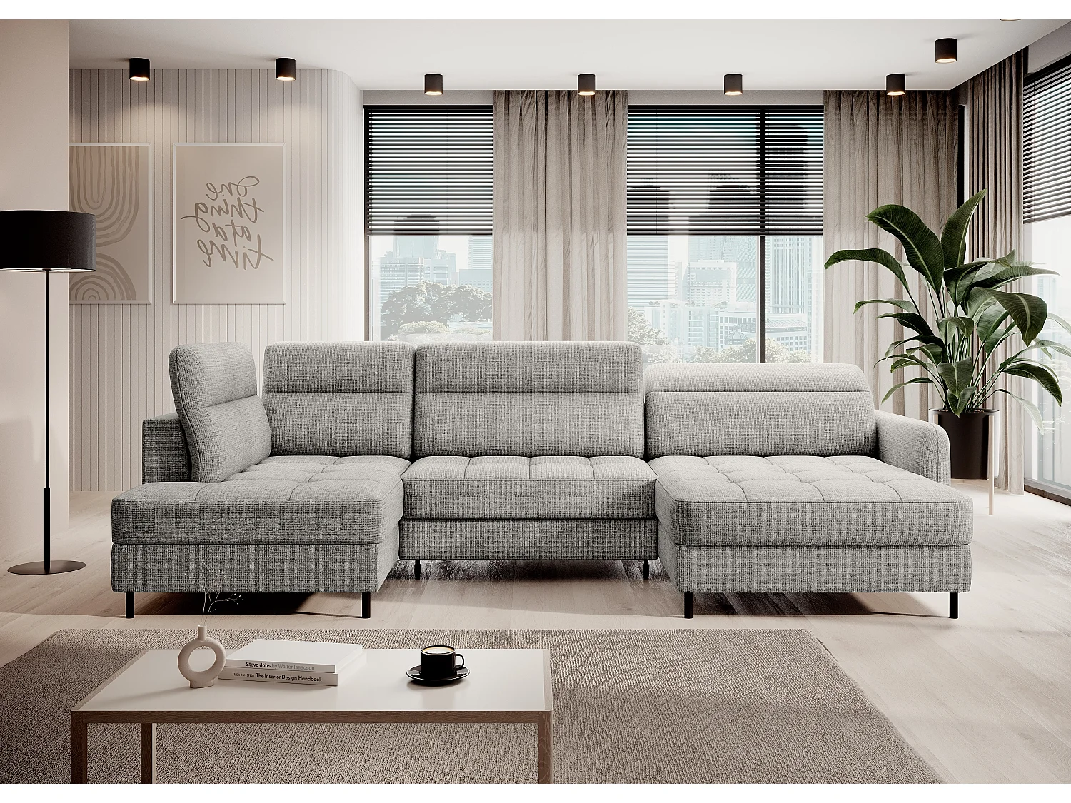 BENTO converteerbare panoramische stoffen bank met opbergvak-Kleur Lichtgrijs-juiste hoek