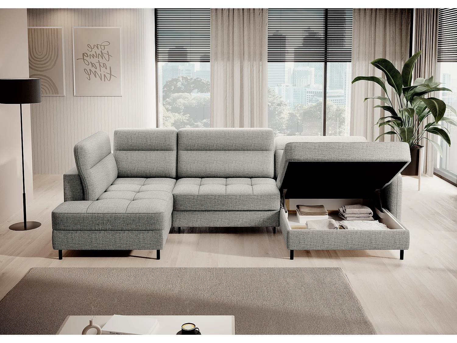 BENTO converteerbare panoramische stoffen bank met opbergvak-Kleur Lichtgrijs-juiste hoek