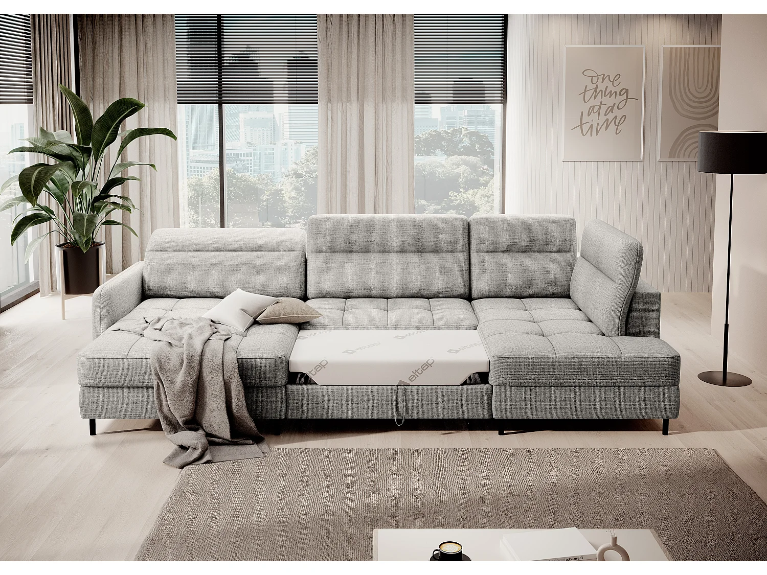 BENTO converteerbare panoramische stoffen bank met opbergvak-Kleur Lichtgrijs-juiste hoek