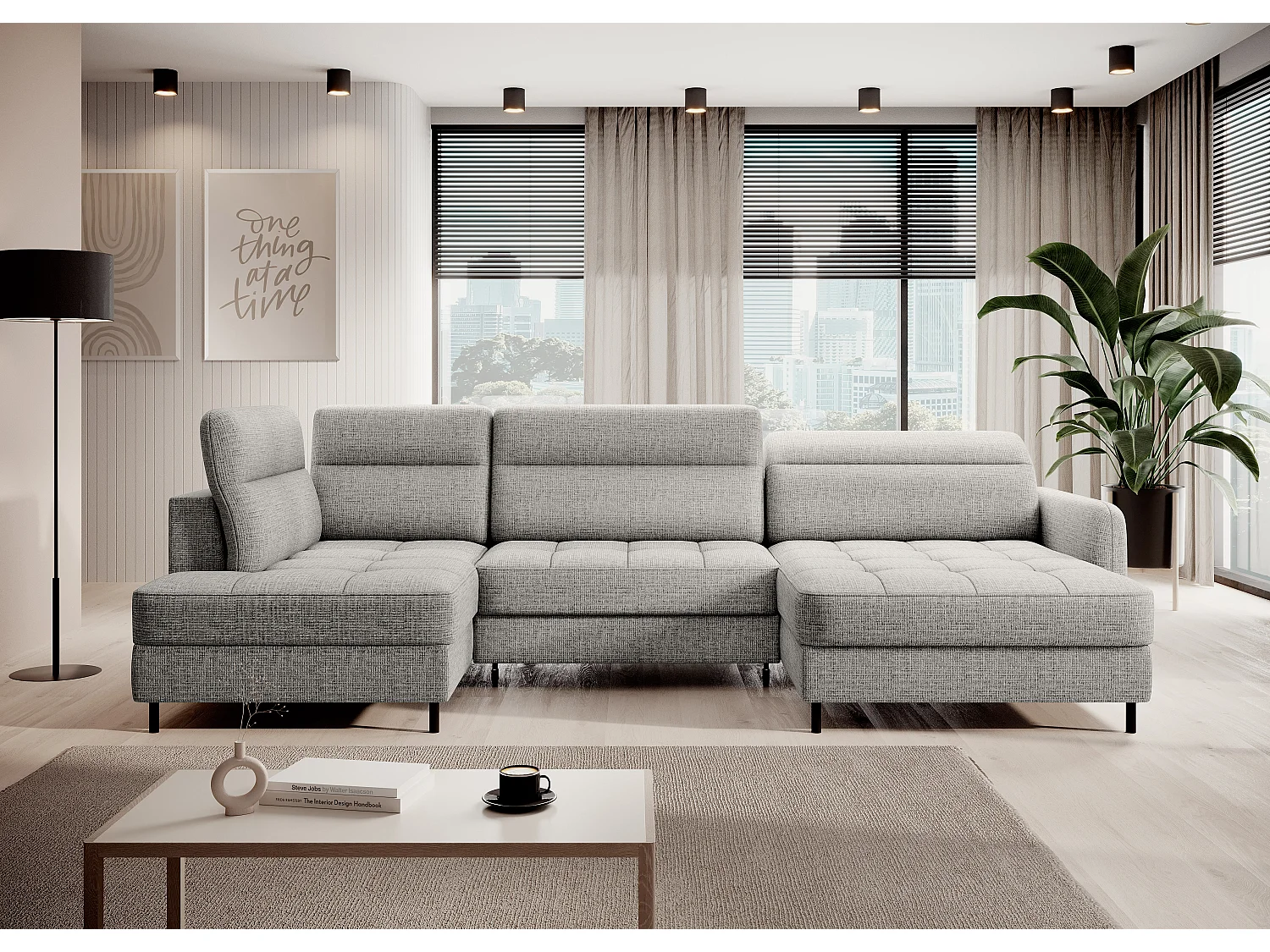 BENTO converteerbare panoramische stoffen bank met opbergvak-Kleur Lichtgrijs-juiste hoek