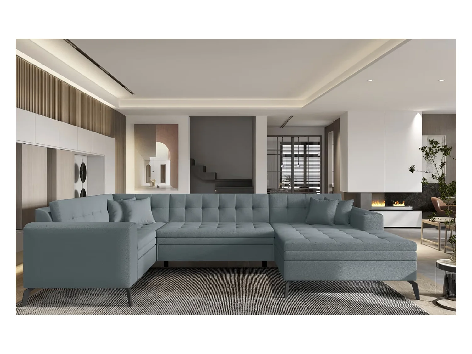 Canapé panoramique convertible BONTY tissu matelassé-Bleu ardoise-Méridienne A droite