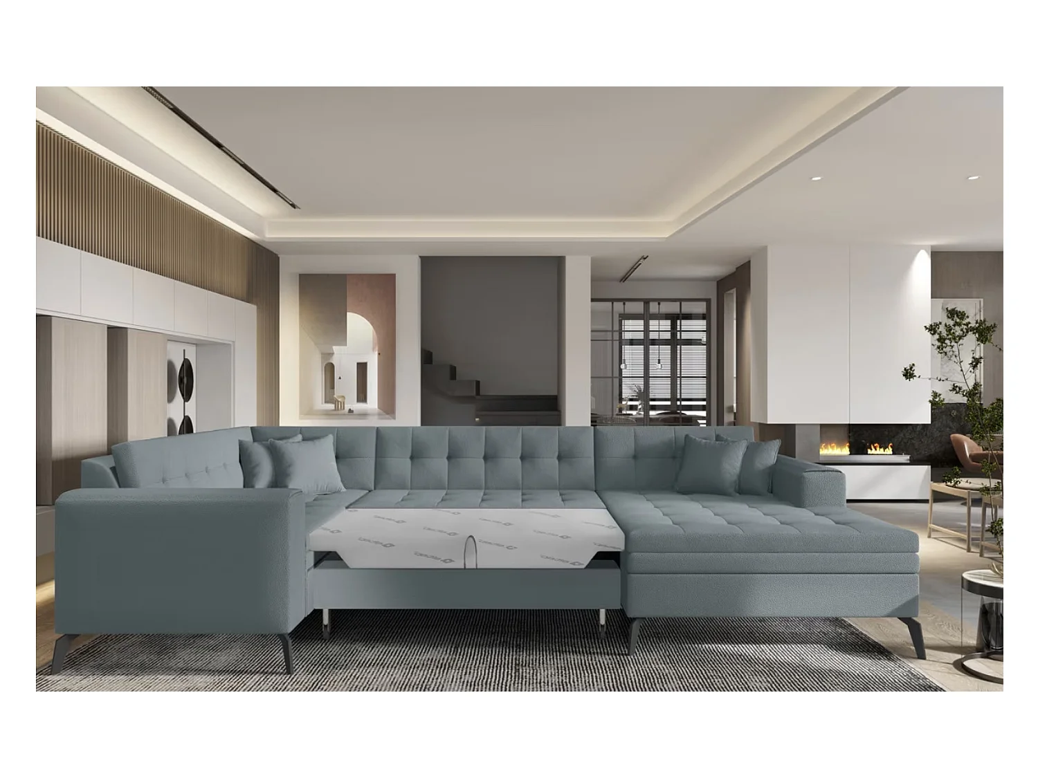 Canapé panoramique convertible BONTY tissu matelassé-Bleu ardoise-Méridienne A droite