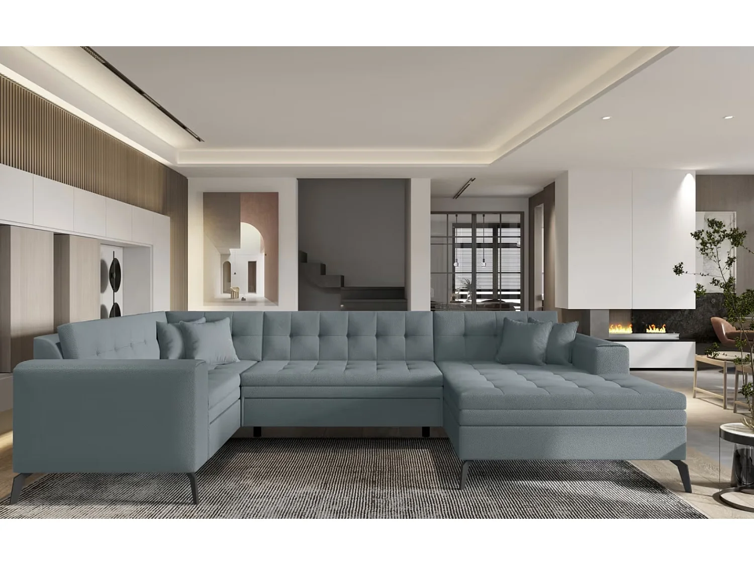 Canapé panoramique convertible BONTY tissu matelassé-Bleu ardoise-Méridienne A droite