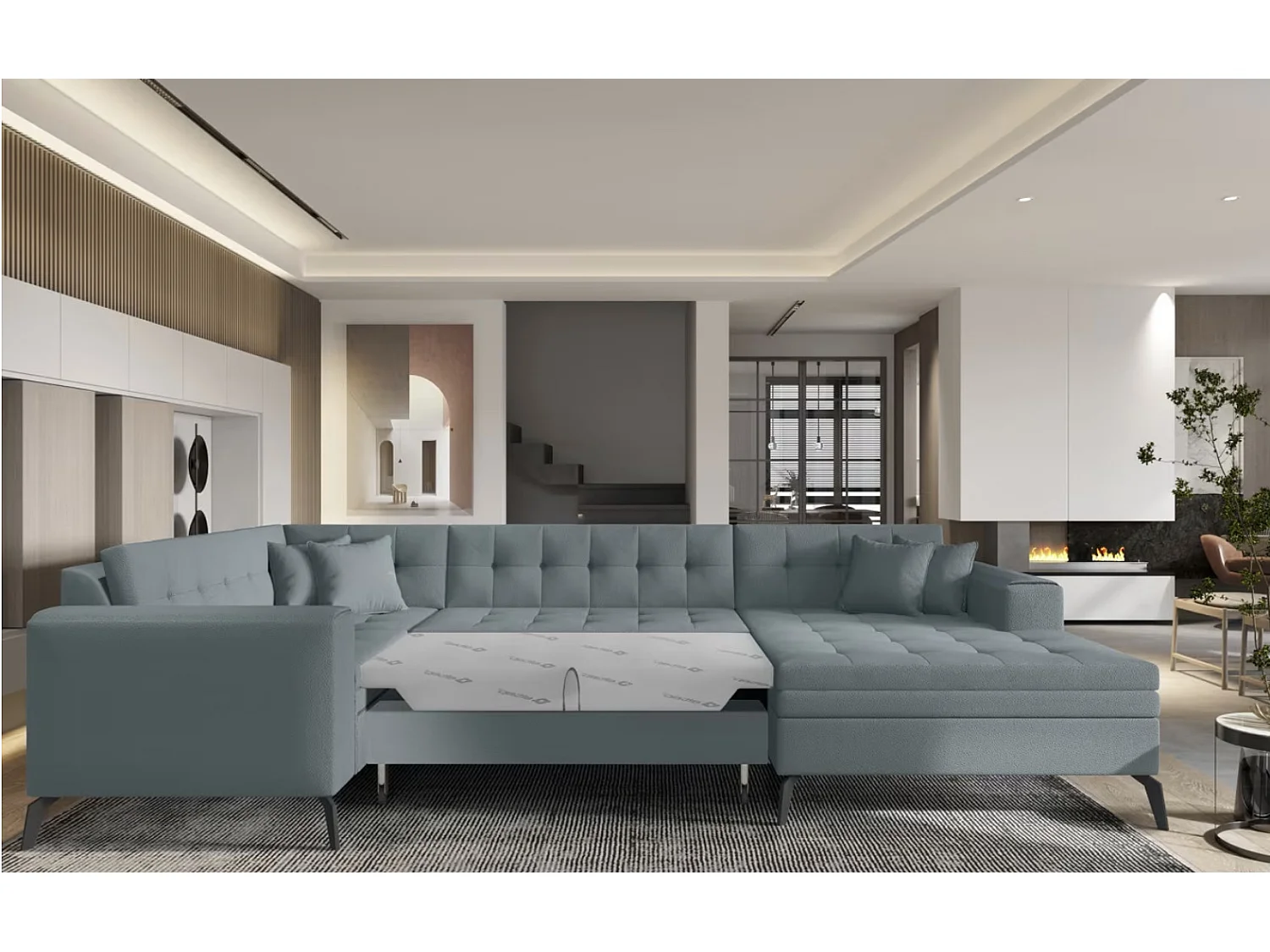 Canapé panoramique convertible BONTY tissu matelassé-Bleu ardoise-Méridienne A droite