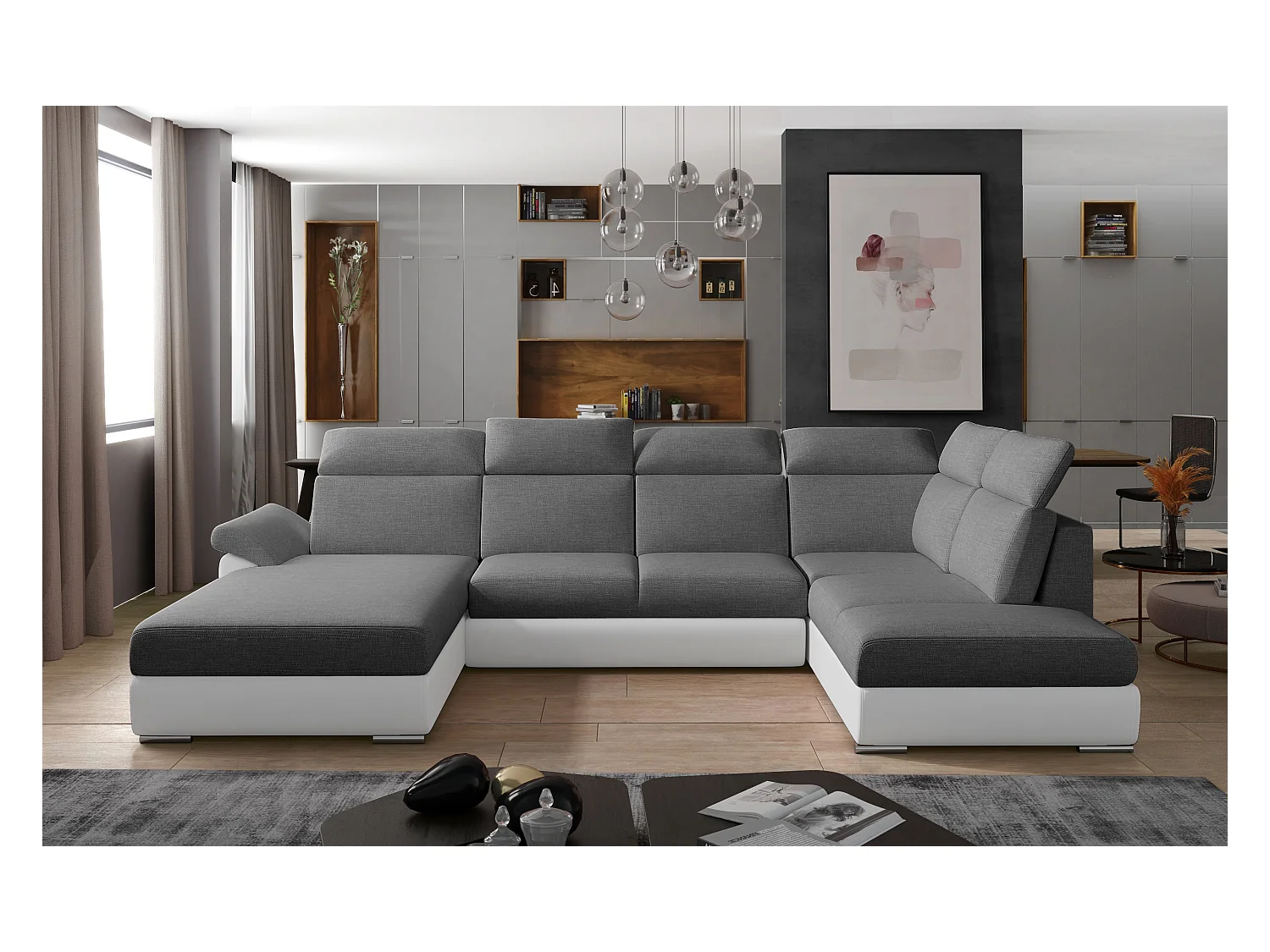 Canapé Convertible Panoramique LEVANO Tissu et Simili Cuir, Têtières-Blanc/Gris-Coffre à gauche