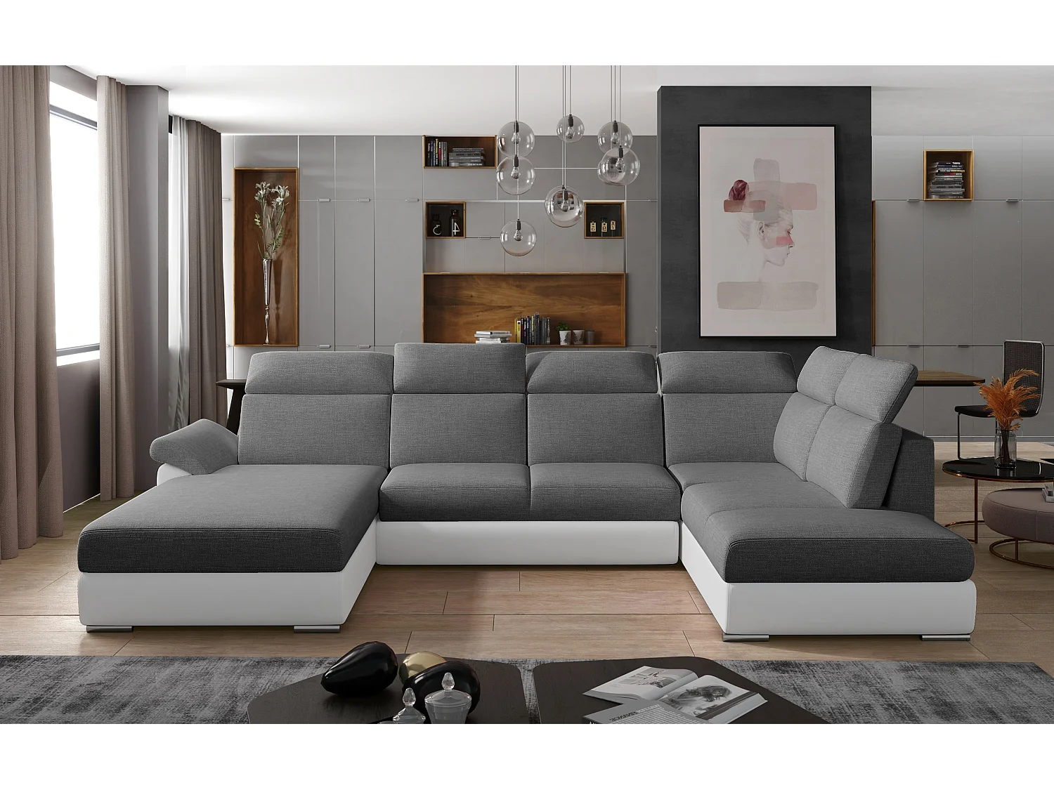 Canapé Convertible Panoramique LEVANO Tissu et Simili Cuir, Têtières-Blanc/Gris-Coffre à gauche