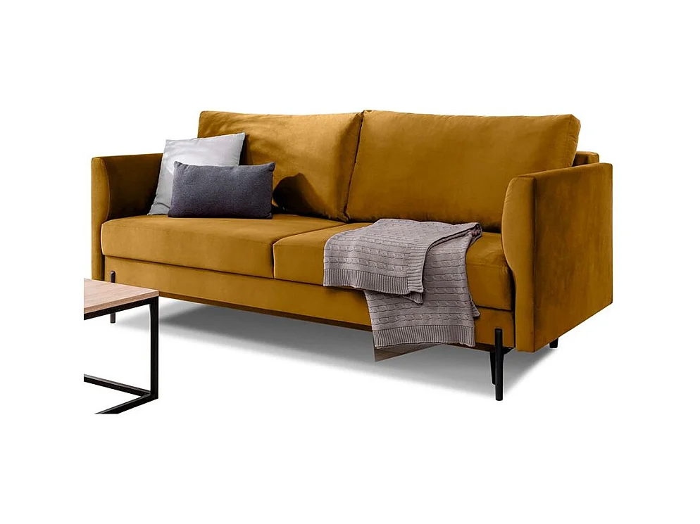 Canapé convertible en velours ROBBY – Rangement et pieds métal noir-Jaune curry