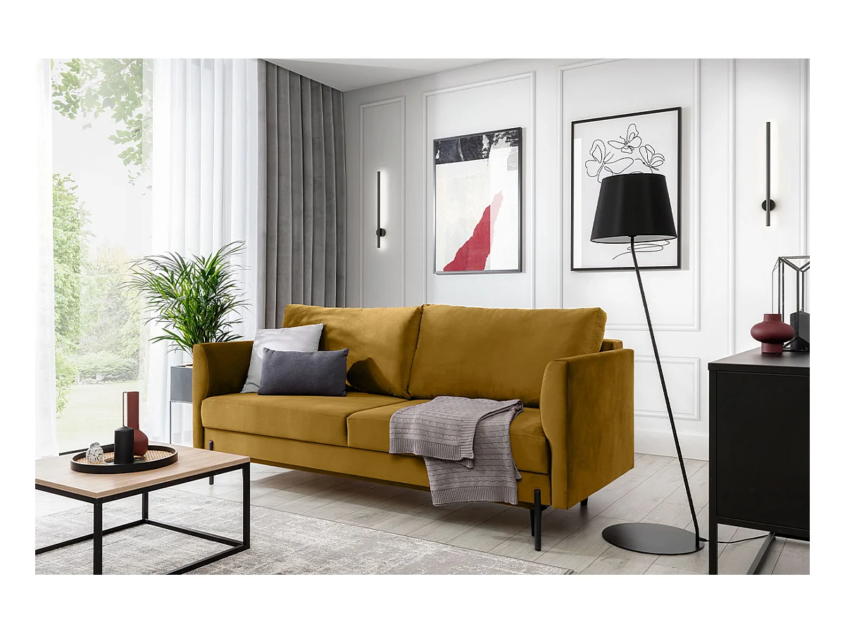 Canapé convertible en velours ROBBY – Rangement et pieds métal noir-Jaune curry