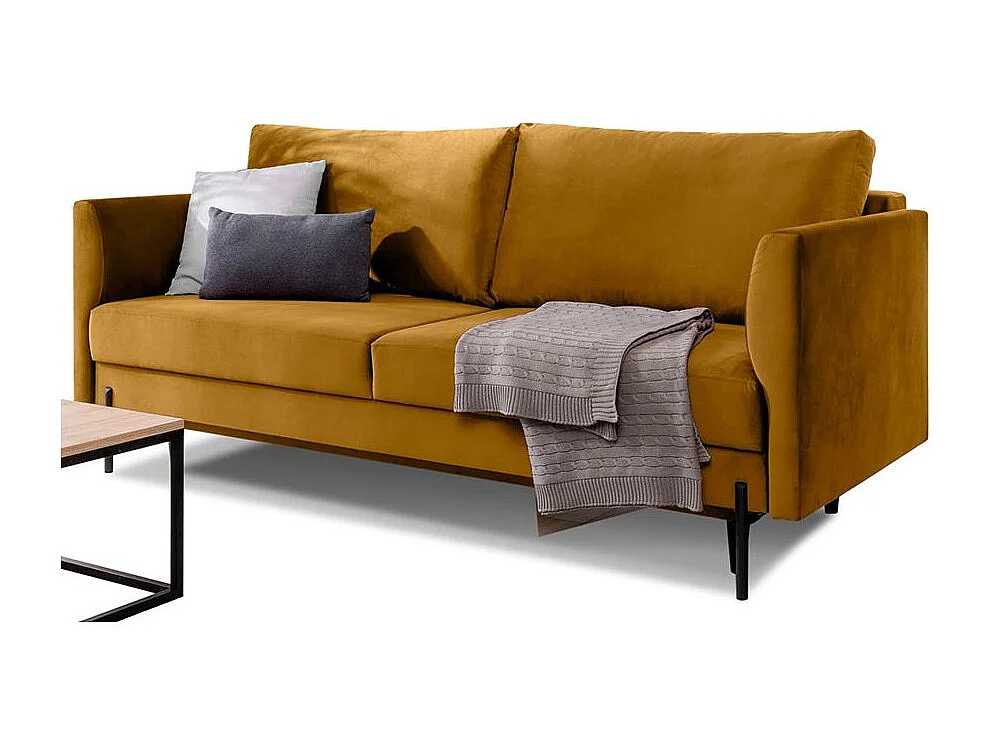 Canapé convertible en velours ROBBY – Rangement et pieds métal noir-Jaune curry