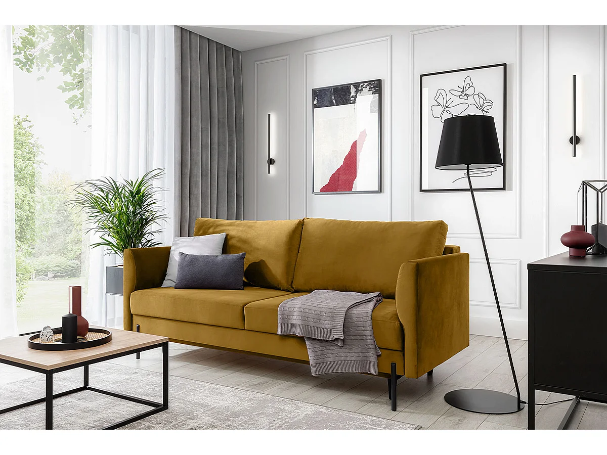 Canapé convertible en velours ROBBY – Rangement et pieds métal noir-Jaune curry