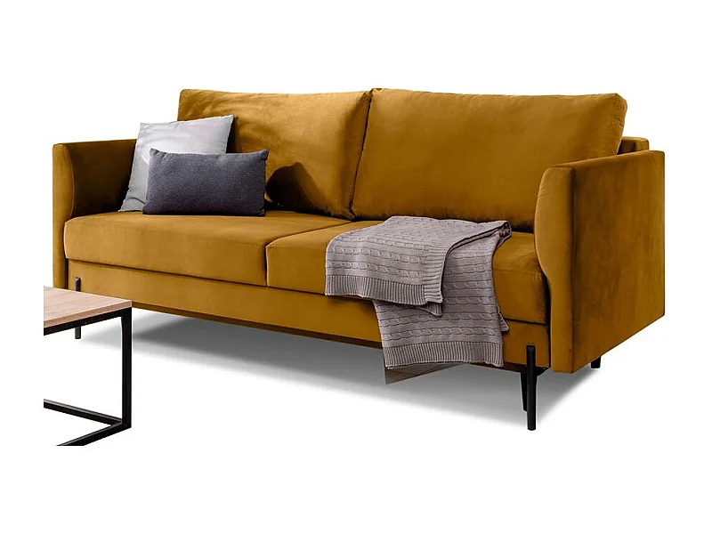 Canapé convertible en velours ROBBY – Rangement et pieds métal noir-Jaune curry