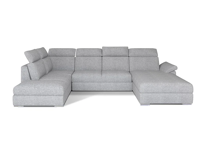 Canapé panoramique convertible LEVANO tissu - Rangement et appuie-têtes réglables-Gris perle-Coffre à droite