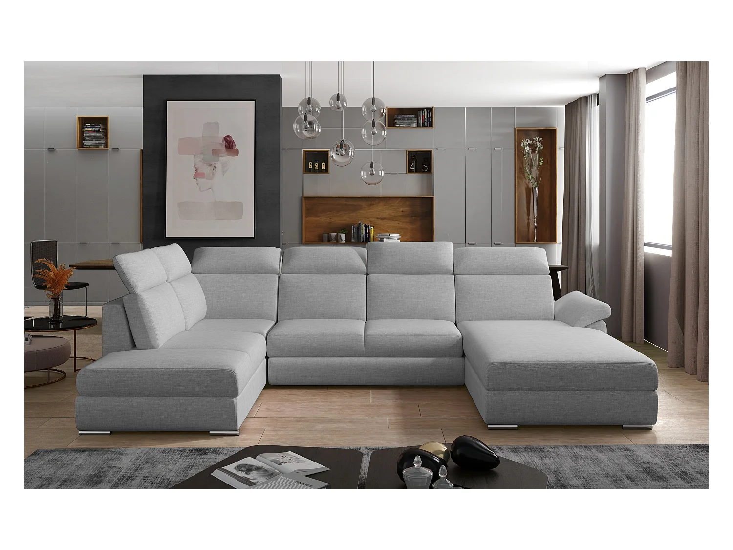 Canapé panoramique convertible LEVANO tissu - Rangement et appuie-têtes réglables-Gris perle-Coffre à droite